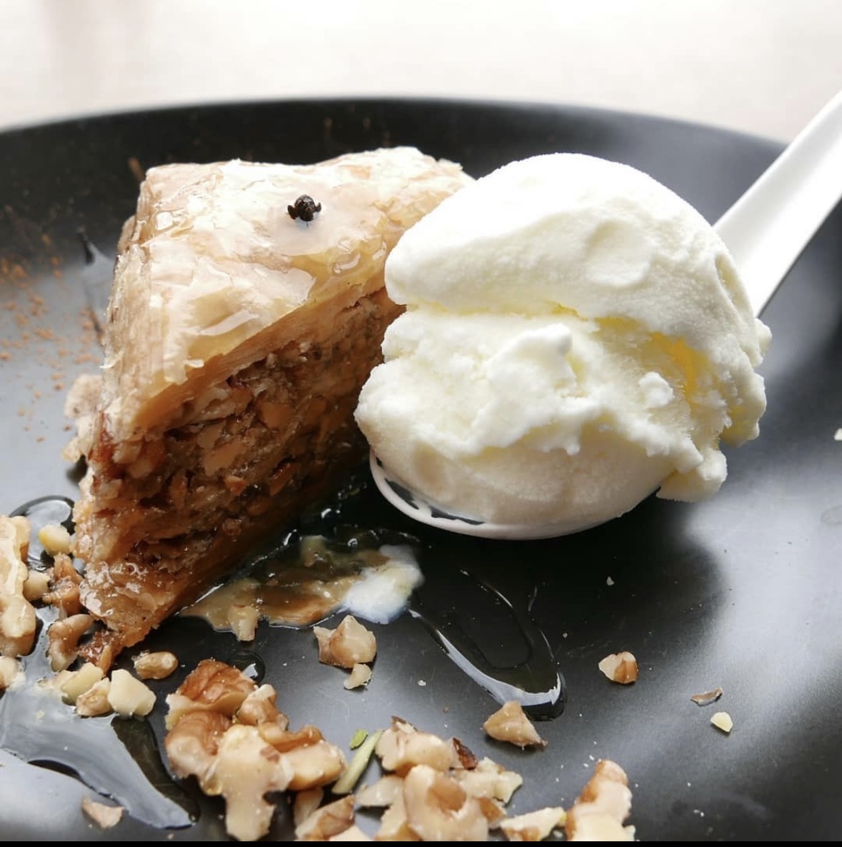 Baklava served with pistachio gelato